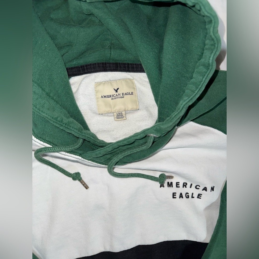 American Eagle Mens Colorblock Hoodie Green White Black Hoodie Pullover Large - Picture 2 of 6